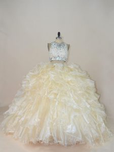 Sleeveless Organza Brush Train Zipper Sweet 16 Dresses in Champagne with Beading and Lace