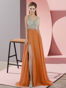 Customized Orange Chiffon Zipper V-neck Sleeveless Prom Dress Sweep Train Beading