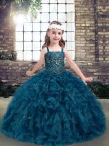 Amazing Sleeveless Floor Length Beading and Ruffles Lace Up Pageant Dress Toddler with Teal