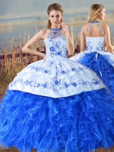 Decent Royal Blue Lace Up Quinceanera Gowns Embroidery and Ruffles Sleeveless Court Train