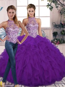 Hot Selling Two Pieces Sweet 16 Dresses Purple Halter Top Tulle Sleeveless Floor Length Lace Up