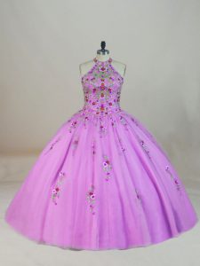 Custom Design Halter Top Sleeveless Brush Train Lace Up Sweet 16 Dresses Lilac Tulle