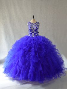 Customized Beading and Ruffles Quinceanera Gown Royal Blue Lace Up Sleeveless Floor Length