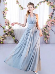 Grey Empire Halter Top Sleeveless Chiffon Floor Length Lace Up Belt Bridesmaids Dress