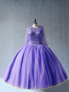 Discount Lavender Ball Gowns Scoop Long Sleeves Tulle Floor Length Lace Up Beading Vestidos de Quinceanera