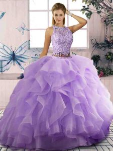 High End Floor Length Zipper Quince Ball Gowns Lavender for Sweet 16 and Quinceanera with Beading and Ruffles