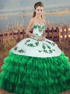 Floor Length Green Sweet 16 Dress Organza Sleeveless Embroidery and Ruffled Layers and Bowknot