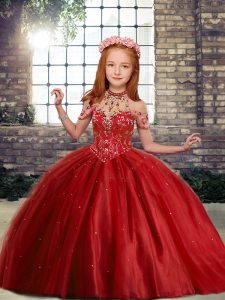Tulle High-neck Sleeveless Lace Up Beading Pageant Gowns For Girls in Red