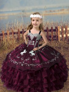 Burgundy Ball Gowns Organza Straps Sleeveless Embroidery and Ruffled Layers Floor Length Lace Up Little Girl Pageant Dre