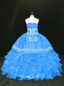 High Class Sleeveless Organza Floor Length Lace Up 15th Birthday Dress in Blue with Embroidery and Ruffles