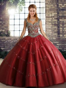 Wine Red Sleeveless Tulle Lace Up Sweet 16 Quinceanera Dress for Military Ball and Sweet 16 and Quinceanera