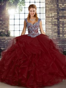 Straps Sleeveless Ball Gown Prom Dress Floor Length Beading and Ruffles Wine Red Tulle