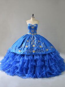 Royal Blue Ball Gowns Embroidery and Ruffles 15 Quinceanera Dress Lace Up Satin Sleeveless Floor Length