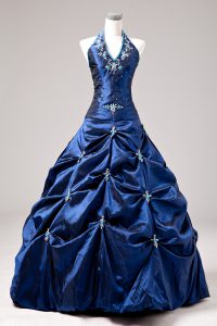 Sophisticated Floor Length Royal Blue Quinceanera Dress Halter Top Sleeveless Lace Up
