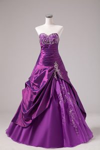 Eye-catching A-line Ball Gown Prom Dress Eggplant Purple Sweetheart Organza Sleeveless Floor Length Lace Up