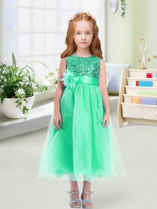 Tea Length Turquoise Flower Girl Dresses Organza Sleeveless Sequins and Hand Made Flower