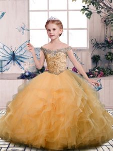 Lovely Off The Shoulder Sleeveless Tulle Pageant Dress for Teens Beading and Ruffles Lace Up
