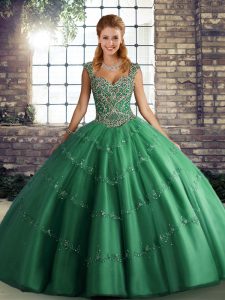 Green Straps Neckline Beading and Appliques Quinceanera Gown Sleeveless Lace Up