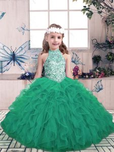 Green Ball Gowns Beading and Ruffles Pageant Dress Toddler Lace Up Tulle Sleeveless Floor Length