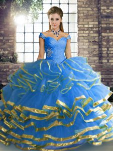 High Class Floor Length Lace Up Vestidos de Quinceanera Blue for Military Ball and Sweet 16 and Quinceanera with Beading