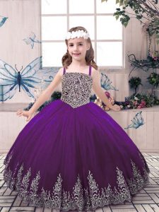 Sleeveless Lace Up Floor Length Beading and Appliques Pageant Dress for Girls