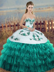 Turquoise Ball Gowns Embroidery and Ruffled Layers and Bowknot 15th Birthday Dress Lace Up Organza Sleeveless Floor Leng