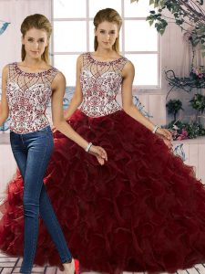 Cute Burgundy Organza Lace Up Scoop Sleeveless Floor Length 15th Birthday Dress Beading and Ruffles