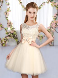 Romantic Sleeveless Mini Length Lace and Bowknot Lace Up Wedding Party Dress with Champagne