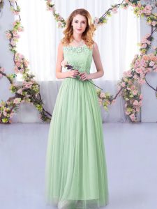 Wonderful Apple Green Sleeveless Lace and Belt Floor Length Dama Dress for Quinceanera