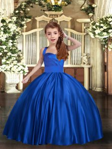Royal Blue Satin Lace Up Straps Sleeveless Floor Length Pageant Dress for Teens Ruching