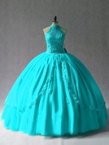 Delicate Aqua Blue Tulle Lace Up Halter Top Sleeveless Floor Length Quinceanera Gowns Appliques