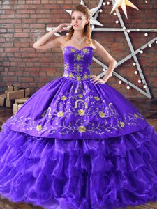 Glamorous Purple Ball Gowns Satin and Organza Sweetheart Sleeveless Embroidery and Ruffled Layers Floor Length Lace Up 1