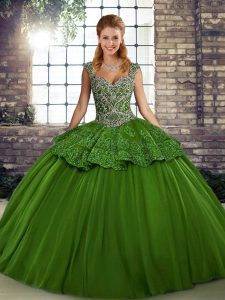Ball Gowns Quinceanera Dress Green Straps Tulle Sleeveless Floor Length Lace Up