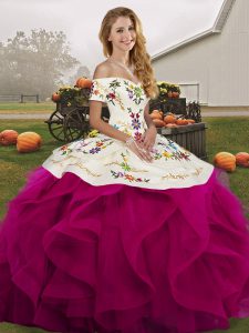 Custom Designed Fuchsia Sleeveless Tulle Lace Up Quince Ball Gowns for Military Ball and Sweet 16 and Quinceanera