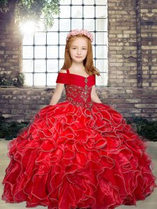 Sweet Red Organza Lace Up Girls Pageant Dresses Sleeveless Floor Length Beading and Ruffles