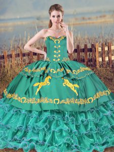 Trendy Sweetheart Sleeveless Lace Up 15th Birthday Dress Turquoise Satin