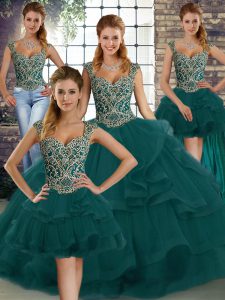 Unique Floor Length Lace Up Sweet 16 Dress Peacock Green for Military Ball and Sweet 16 and Quinceanera with Beading and