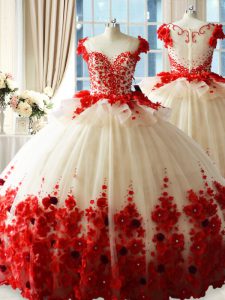Ball Gowns Sleeveless White And Red 15 Quinceanera Dress Brush Train Zipper