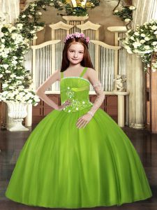 Custom Designed Sleeveless Floor Length Beading Lace Up Pageant Dress for Girls with Olive Green