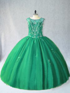 Super Green Sleeveless Floor Length Beading Lace Up 15 Quinceanera Dress