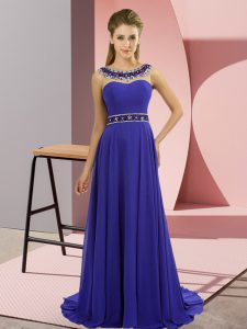 Empire Sleeveless Blue Prom Evening Gown Brush Train Zipper