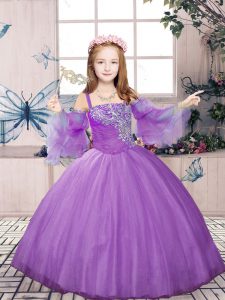Sleeveless Tulle Floor Length Lace Up Kids Formal Wear in Lavender with Beading