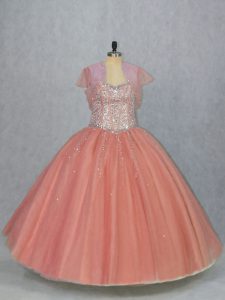 Luxury Watermelon Red Sleeveless Beading Floor Length Quinceanera Gown