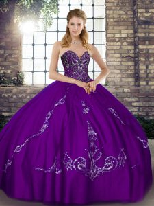 High Class Purple Ball Gowns Beading and Embroidery Quinceanera Dresses Lace Up Tulle Sleeveless Floor Length