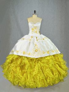 Superior Yellow Sleeveless Brush Train Beading and Embroidery and Ruffles 15th Birthday Dress