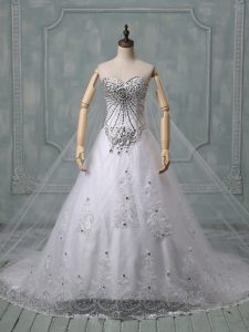 White Tulle Lace Up Bridal Gown Sleeveless Chapel Train Beading and Lace