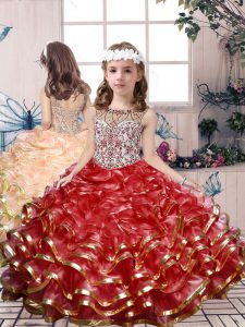 Floor Length Red Little Girls Pageant Gowns Organza Sleeveless Beading and Ruffles