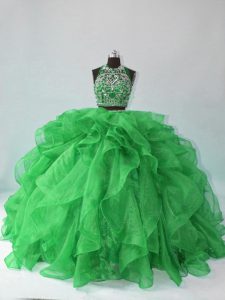 Green Two Pieces Organza Halter Top Sleeveless Beading and Ruffles Floor Length Backless Sweet 16 Dress
