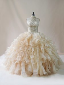 Suitable Champagne Organza Lace Up Sweet 16 Dresses Sleeveless Floor Length Beading and Ruffles
