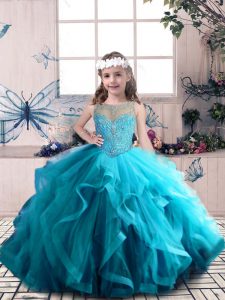 Beauteous Beading and Ruffles Kids Formal Wear Blue Lace Up Sleeveless Floor Length